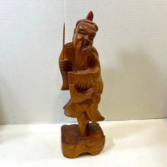 VTG Hand Carved Wood Fisherman Sculpture 12" Tall - Picture 1 of 13